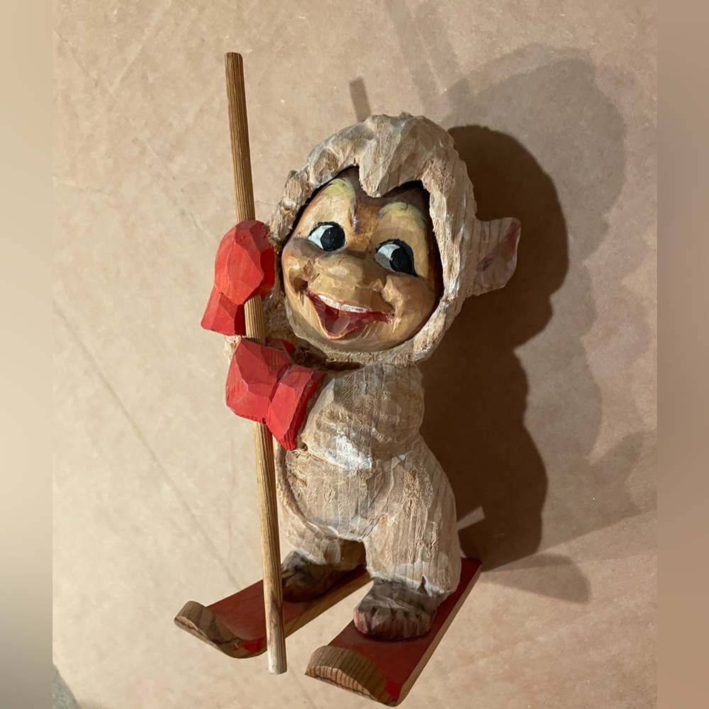 Vintage Hand Carved  Ski Troll Norway Wood Carving Folk Art Gnome Skiing Happy